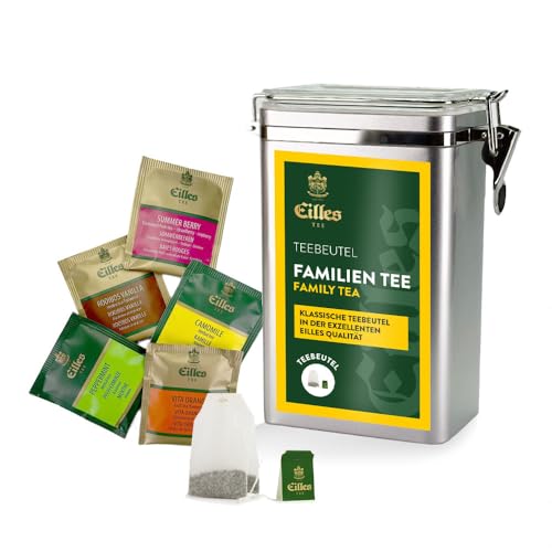 FAMILY TEE Premium Aromadose mit 5 Sorten EILLES Deluxe Teebeutel 30 Portionen gesamt wiederverschließbare Dose mit Crystal-Deckel