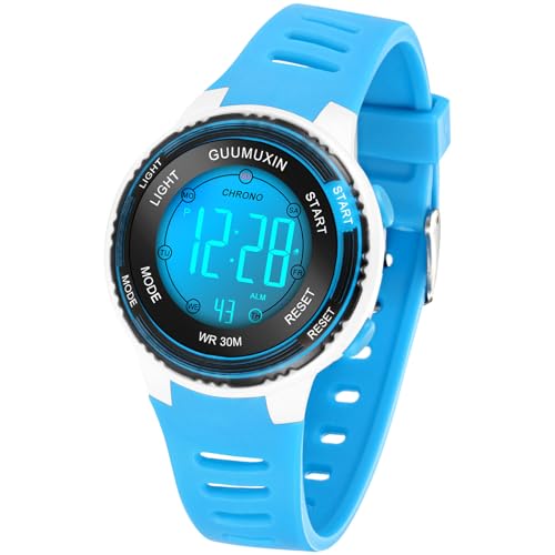 GUUMUXIN Reloj Digital para Niños, Reloj Deportivo con 7 Luces Indicadoras de Color, Pantalla de Reloj Acrílica, Resistente al Agua hasta 3 ATM, Reloj de Pulsera para Niñas y Niñ