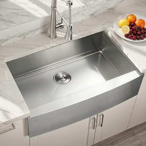 Hotis 33 Inch Farmhouse Sink, Stainless Steel Farmhouse Kitchen Sink, 16 Gauge 9 Inch Deep Undermount Apron Front Farm Sinks, 33x22 Inch Brushed Nickel Single Bowl