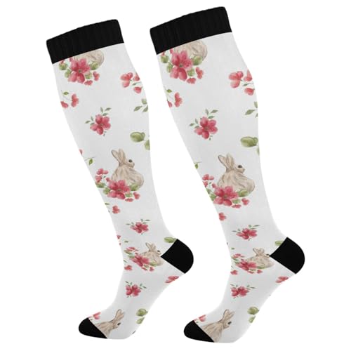 Dussdil Easter Rabbits Red Floral Compression Socks for Women Men Bunny Circulation Long Knee Socks for Sport Gym Stockings Socks