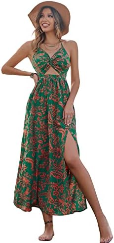 SheIn Women's Tropical Print Backless Cut Out Split Maxi Dress Twist Front Halter Neck Sleeveless Summer Swing Dresses Green Tropical Small