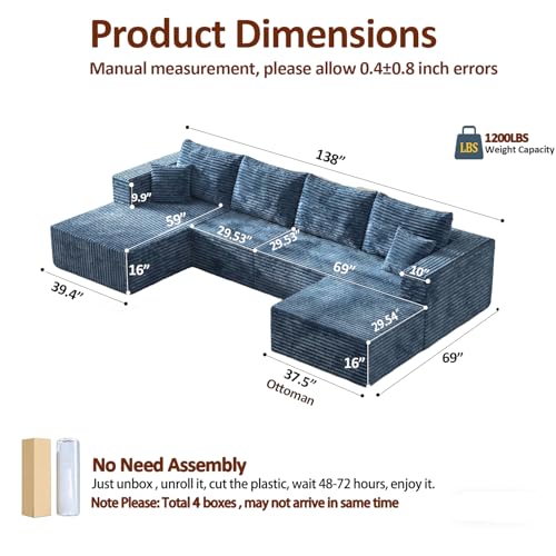 Image of 138 inch Modern Modular Sectional Sofa, U-Shaped Cloud Couch, Soft Corduroy Boneless Couch with 3060 High Rebound Memory Foam, Sectional Couches for Living Room-Blue(Left Facing Chaise)