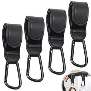 4 Stück Kinderwagen Haken, Wefaly Universelles Kinderwagen Haken für Taschen PU-Leder Karabinerhaken Kinderwagen für Stroller Kinderwagen Anhänger Rollator Fahrradanhänger (Schwarz)