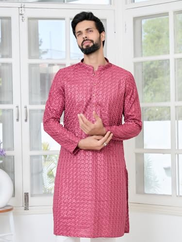 Image of See Designs Men's Full Sleeve Mandarin Collar Sequins Embroidered Straight Long Kurta - Festive Collection