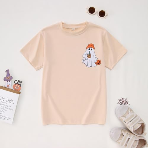 Image of Ritatte Kids Halloween Shirt Girls Boys Ghost Coffee Pumpkin T-Shirt Funny Graphic Spooky Season Short Sleeve Tee Tops 7-12Y
