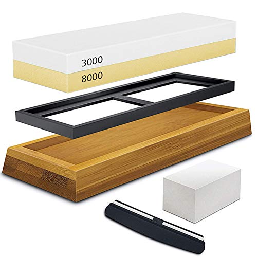 Knife Sharpening Stone Kit, Professional Whetstone Sharpener Stone Set, Premium 2 Side Grit 3000/8000 Water Stone, Non-slip Bamboo Base, Flatting Stone, Angle Guide