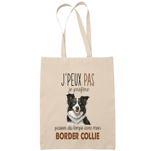 Tote Bag Chien Passer du Temps | Idée Cadeau Original pour Propriétaire de Chien | Sac Beige Personnalisé Chien Chiot (Border Collie)