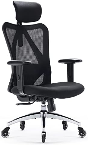 XUER Ergonomic Office Chair, Mesh Computer Desk Chair with Adjustable Sponge Lumbar Support, Thick Cushion, PU Armrest and Headrest, High Back Swivel Home Office Task Chair for Work (Black)…