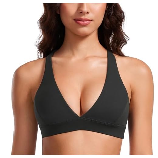 CRZ YOGA Butterluxe Deep V-Neck Sports Bras for Women - Spaghetti Strap Criss Cross Padded Top Low Coverage Wireless Yoga Black Small