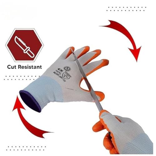 Image of AxisGrip Multipurpose Nylon Anti Cut PU Nitrile Coating Work Safety Gloves Orange-White Pair 1