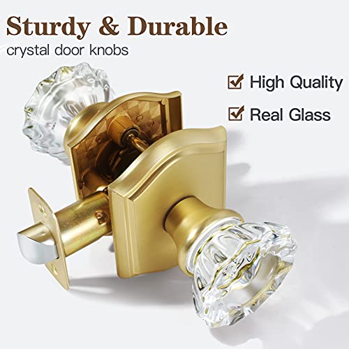 Clctk Premium Glass Door Knobs, Bathroom Bedroom Door Knobs With Lock, Privacy Gold Door Knob Interior, Satin Brass #TOP1