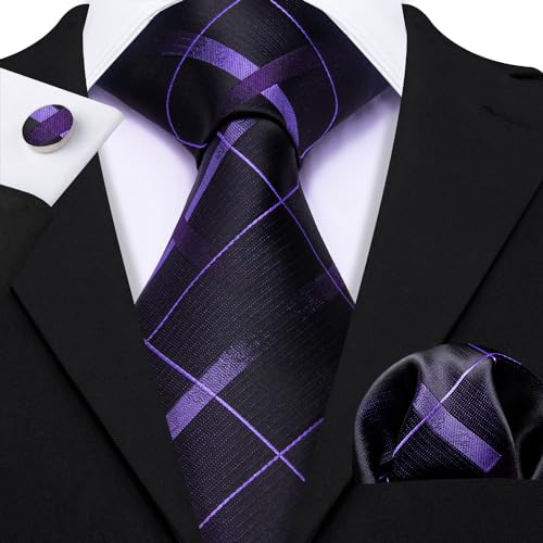 Image of Barry.Wang Plaid Ties for Men Silk Necktie Handkerchief Cuff Links Set