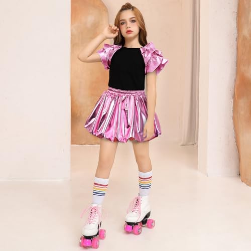 Image of Perfashion Girls Bubble Skirt Metallic Puff Balloon Cute Mini Skorts Dance Outfits with Shorts 4-13Y