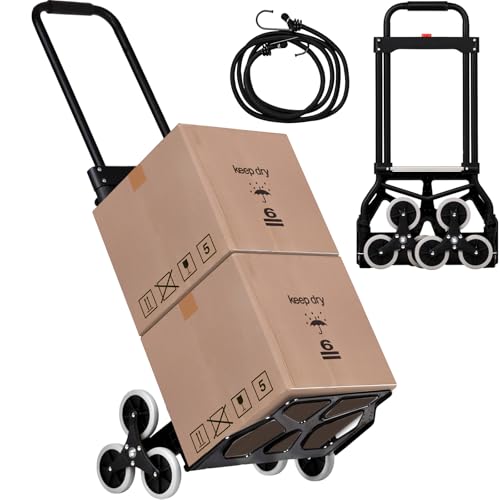 Advwin Stair Climbing Cart - Heavy Duty 100KG Foldable Trolley, Portable Hand Truck with 6 TPR Rubber Wheels & Bungee Cord, Steel Frame Carrier for Stairs, Moving, Warehouse, Garden