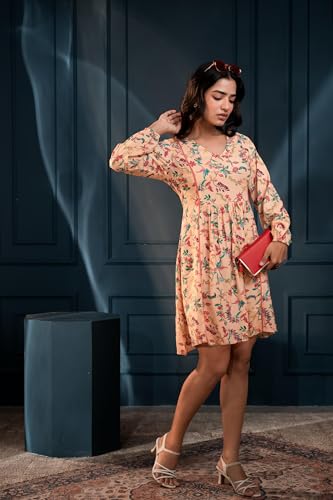 Image of Juniper Floral Printed Fit & Flare Viscose Dress with Full Sleeves