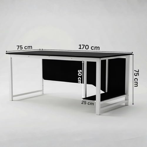 Image of Executive Director Desk | Office Table | Manager Cabin Work Desk with Modesty Panel & Cable Grommet | Sturdy Metal Frame | Black Top & White Base | DIY.
