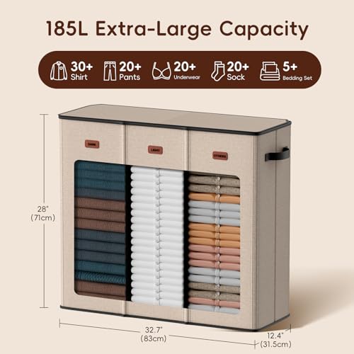 Image of 185L Laundry Hamper 3 Section, Laundry Hamper with Lid, Dirty Clothes Hamper with 3 Removable Washing Bags, Extra Large Laundry Basket Organizer for Bedroom, Laundry Room, Dorm - Khaki