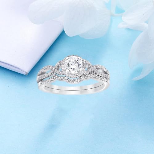 Real 10K 14K 18K Gold Moissanite Wedding Ring Sets for Women, Customized 0.5-3 CT Round Halo Moissanite Infinity Engagement Band Bridal Promise Rings Set Pave Set 2 Pieces Free Engraving4