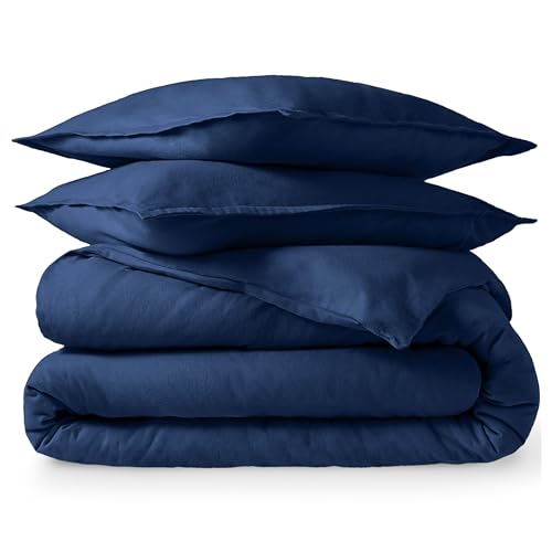 Bare Home Flannel Duvet Cover Set - Queen - 100% Cotton, Velvety Soft Heavyweight Premium Flannel, Double Brushed - Includes Sham Pillow Covers (Queen, Dark Blue)
