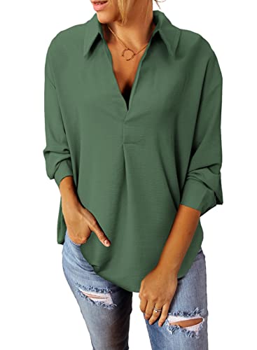 Modasua Chemisier Femme à Manches Longues Décontracté Élégant Couleur Unie lâche Basique Ample T-Shirts Col V Blouse Business Cover