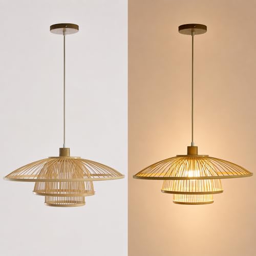 Image of Pendant Light, Bamboo Boho Hanging Light with Adjustable Height | For Kitchen Islands, Dining Rooms, Bedrooms, Entryways, 20'' Handwoven Lampshade, E26 Socket (Bulb Included)
