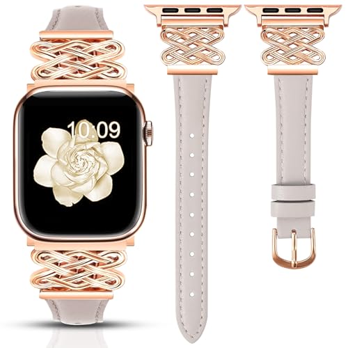 Image of Newlibery Leather Band for Women Slim Dressy Bands Compatible with Apple Watch 38mm 40mm 41mm 42mm 44mm 45mm 49mm, Designer Interlock Buckle Strap for iWatch Series 10 /9 /8 /7 /6 /5 /4 /3 /2 /1 /SE /Ultra
