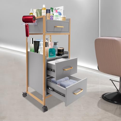 Carrito de salón con ruedas, soporte para secador de pelo, 3 cajones y 2 estantes abiertos, carrito de peluquería, carrito de belleza portátil, carrito de spa o tatuaje, 36 x 32 x 87 cm (gris)