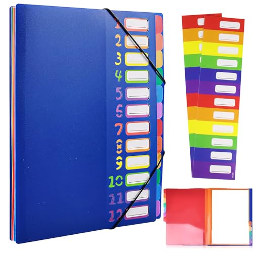 VIQWYIC Dokumentenmappe A4 mit 12 Fächern – Wasserdichter PP-Kunststoff-Ordner mit Gummizug & farbigen Etiketten – Tragbar Organizer für Schule/Büro (Blau)