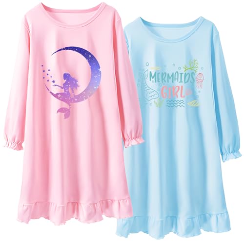 Tkria 2Pcs Girls Nightgowns Toddler Nightdress Soft Cotton Sleepwear 2-10 Years Long Sleeves Nightie Dress Pajamas Kids Girls