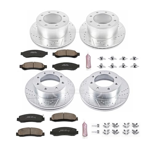 Image of PowerStop Front and Rear Brake Kit for Ford F-250 Super Duty 2010-11 | Ford F-350 Super Duty 2010-11 - Drilled and Slotted Disc Rotors with Carbon-Fiber Ceramic Brake Pads Replacement, K5575