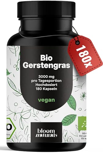 Bio Gerstengras Kapseln Hochdosiert 180 Kapseln 3000 mg Gerstengras Pulver pro Tagesportion aus kontrolliert biologischem Anbau vegan produziert in Deutschland - Verpackung kann variieren