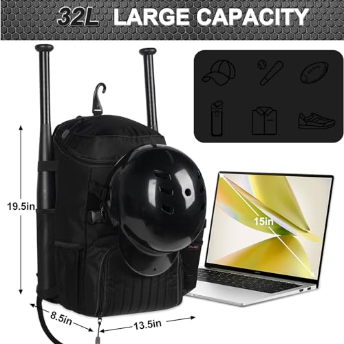 GRANDUP Baseball, Softball, soccerball, Rugby, Gym, Yoga – Spacious and Versatile Sports Bags For All Ages Equipment Bags Black - Thumbnail 4