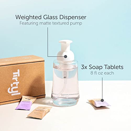 Tirtyl Hand Soap Single Kit - Glass Foaming Dispenser + 3 Tablet Refills - Compostable Packaging - Variety Fragrances - 24 Fl Oz Total (Makes 3X 8 Fl Oz Bottles Of Soap) #TOP2
