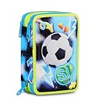 SJ GANG STYLE JAM GANG Astuccio Scuola 3 Zip 3D GLOWGAME, Blu, Triplo Scomparto, Scocca con pallone da calcio in rilievo, Portapenne Attrezzato, 45 pezzi, Accessori Zaino, Scuola elementare, Bambino