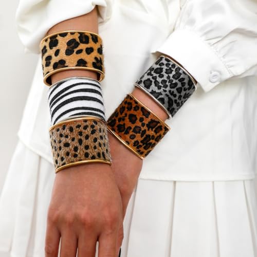 Caiyao Exaggerated Zebra Leopard Print Open Cuff Bracelet Adjustable Wide Gold Silver Leopard Animal Print Cuff Bangle Bracelets Vintage Wide Geometric Wrap Bracelet for Women Party Jewelry Gifts3