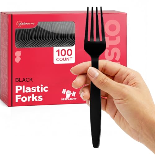 GUSTO Heavy Duty Black Plastic Forks [100 Count] Disposable Cutlery for Parties Events & Everyday Use (Formerly Comfy Package)