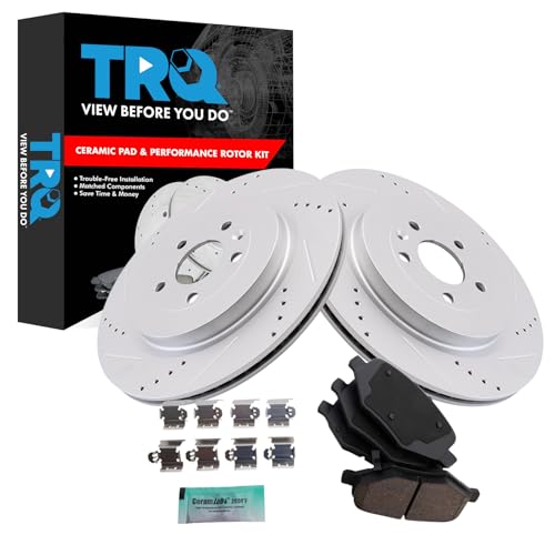 Image of TRQ Performance Brake Pad & Rotor Kit Slotted X Drilled Ceramic Premium G-Coated Compatible with 13-19 Ford 12-14 Lincoln