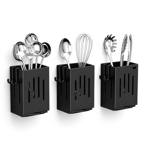 Image of KitchAntiqueWall Mounted 3 Pc Utensil Holder with Hooks | Self Draining Cutlery Organizer, Adhesive Installation | Waterproof Kitchen Spoon Chopstick Storage Rack for Countertop & Wall Use (Black)