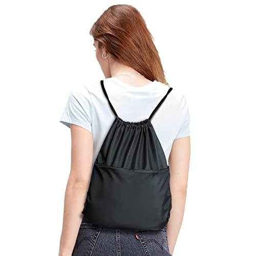 Missmoon Drawstring Backpack, 210D Nylon Foldable Sports Gym Drawstring Tote Bag Pack Sack W Zipper Side Pocket For Men Women Black #TOP6