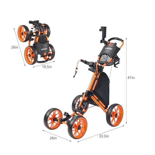 Image of Golf Push Cart 4-Wheels,Folding Golf Cart, Golf Pull cart with Cup Holder,Umbrella Holder,Cooler Bag, Foldable with one-Click,Handle Height Adjustable,Drink Holder,Walking Push cart