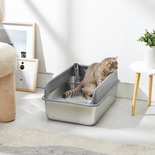Image of Amazon Basics Stainless Steel CAT Litter Box with Elevated Anti-Splash PP Guard Gray Open-TOP Easy-Clean Litter Tray for Cats 60.0 (L) x 37.8 (W) x 24.4 (H) CM