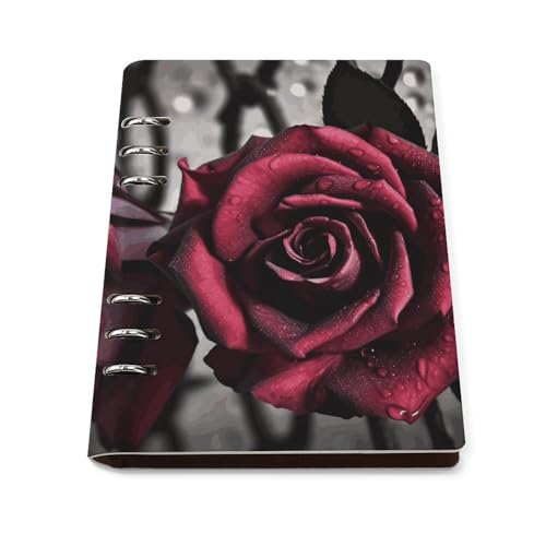 Carnet de notes A5 à anneaux en cuir PU avec motif roses gothiques et 90 feuilles rechargeables