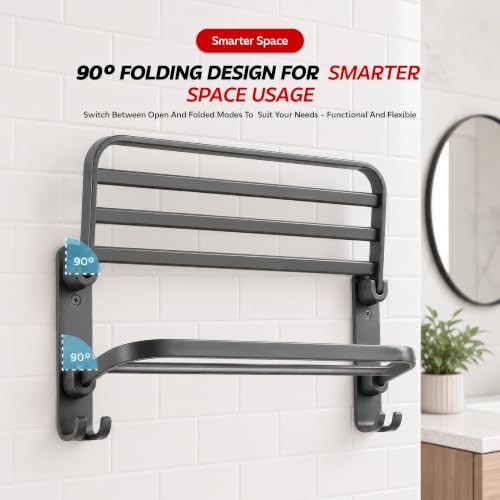Image of Amazon Basics 40 CM Powder - Coated Aluminium Towel Rack for Bathroom with Hooks - Rust - Free, Space - Saving Bathroom Towel Holder Easy Installation Grey