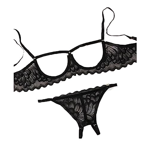 HOTSO Sexy Lingerie Sheer Bra and Panties Set Floral Lace Mesh Babydoll 2 Piece Underwire Bralette Strappy G-String (Black, S)