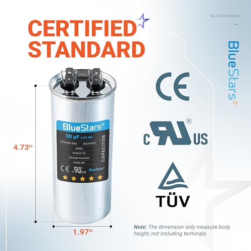 [UL Certified] BlueStars 50 uF MFD ± 5% 370-440 VAC CBB65 Volt Motor Run Round Capacitor - Compatible for AC Condenser Straight Cool or Heat Pump Conditioner