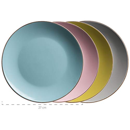 MÄSER 931726 Metallic Rim, Modernes Geschirr Set für 4 Personen mit messingfarbenem Rand, 16-teiliges Kombiservice mit randlosen Coupe-Formen, bunt, Steinzeug, Fresh