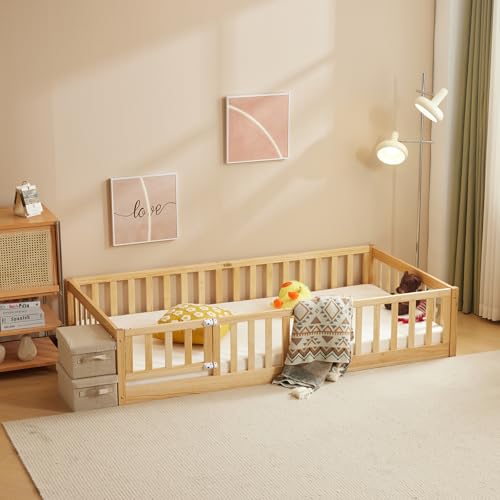 LEADZM 2in1 Bodenbett Montessori Kinderbett mit freiem Tor,...