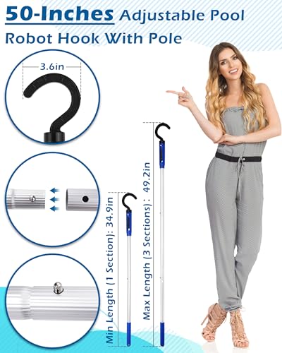 Image of Pool Robot Retrieval Hook - 49.21 Inch Adjustable Stainless Aluminum Pole, Heavy-Duty Detachable Hook for Pool Robot Vacuum Robotic Pool Cleaner Including Cordless /Above Ground /Underwater Cleaners
