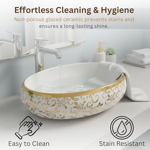 Image of Wallace Designer Oval Table Top Wash Basin White & Gold 60x40x15 cm | Premium Ceramic Countertop Vessel Sink with Floral Pattern | Luxury Over Counter Bathroom Basin