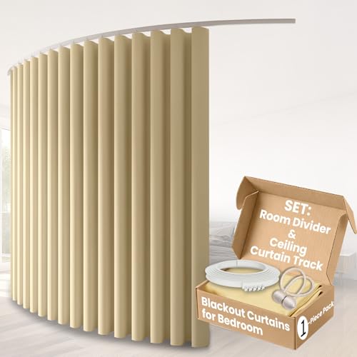 Image of Room Divider Curtains & Flexible Bendable Tracks Set,Privacy Dividers Ceiling Track Curtain Window Blackout Curtains for Living Room Bedroom (W100 x H96 in 1 Panel Beige Drape & White Rail)